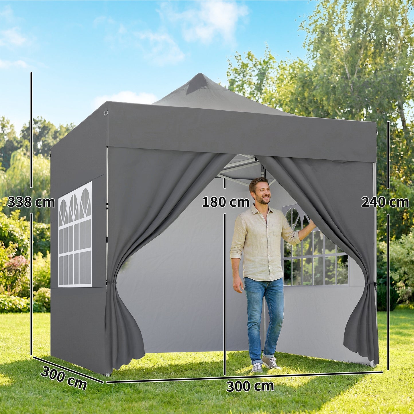 Outsunny 3m By 3m Pop Up Gazebo With Sidewalls UPF 50 Plus Heavy Duty Garden Tent Marquee Dark Grey Wheeled Carry Bag