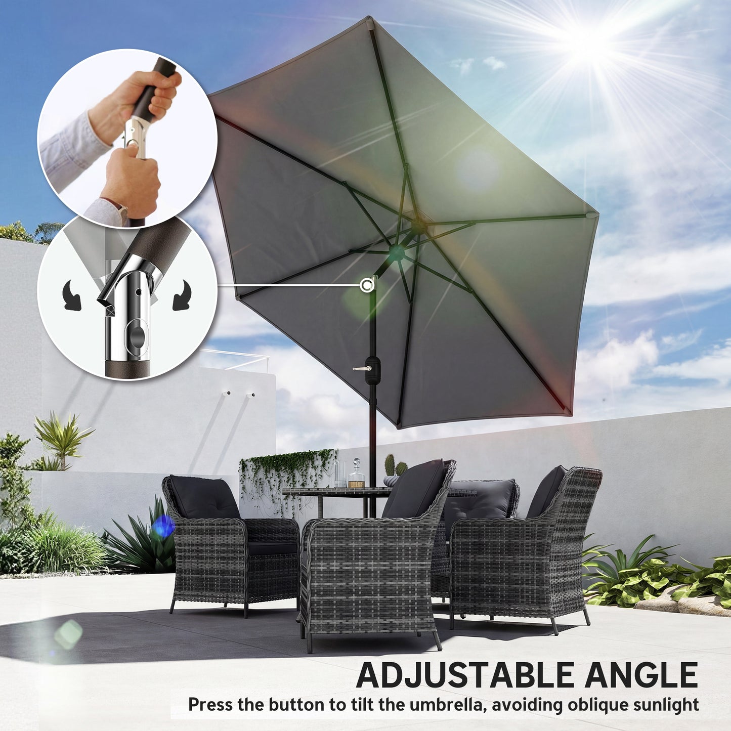Outsunny 2.6m Garden Parasol Umbrella With Aluminium Pole Outdoor Patio Umbrella With Tilt And Crank Vent Grey