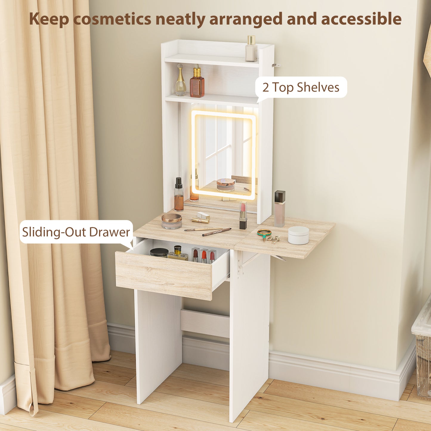 Women's Homcom Small Vanity Desk With Mirror And Led Lights, Compact Dressing Table With Drop Leaf, Open Shelves And Drawer, White