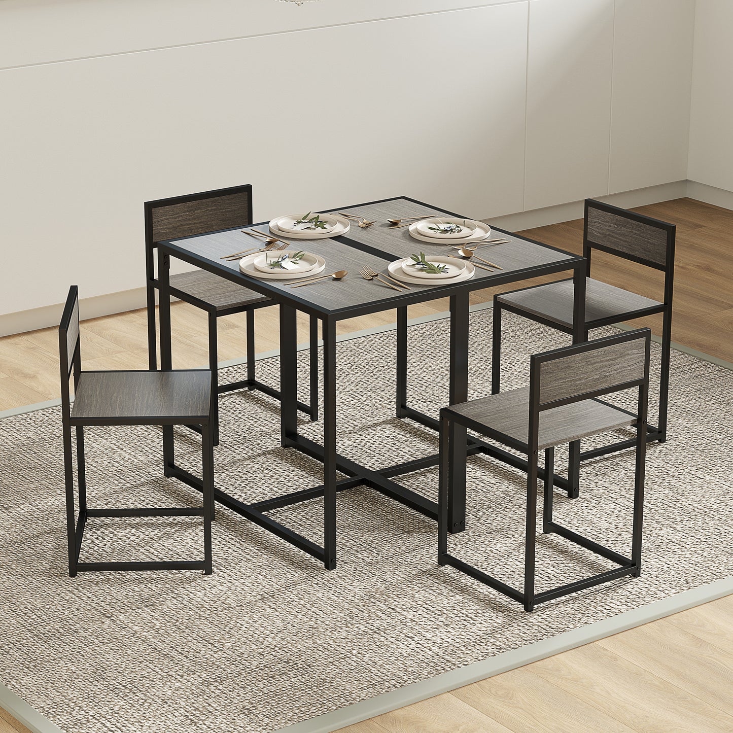 HOMCOM Dining Table And Chairs Set 2 Piece Space Saving Rectangular Table With 2 Chairs Steel Frame Grey Wood Effect