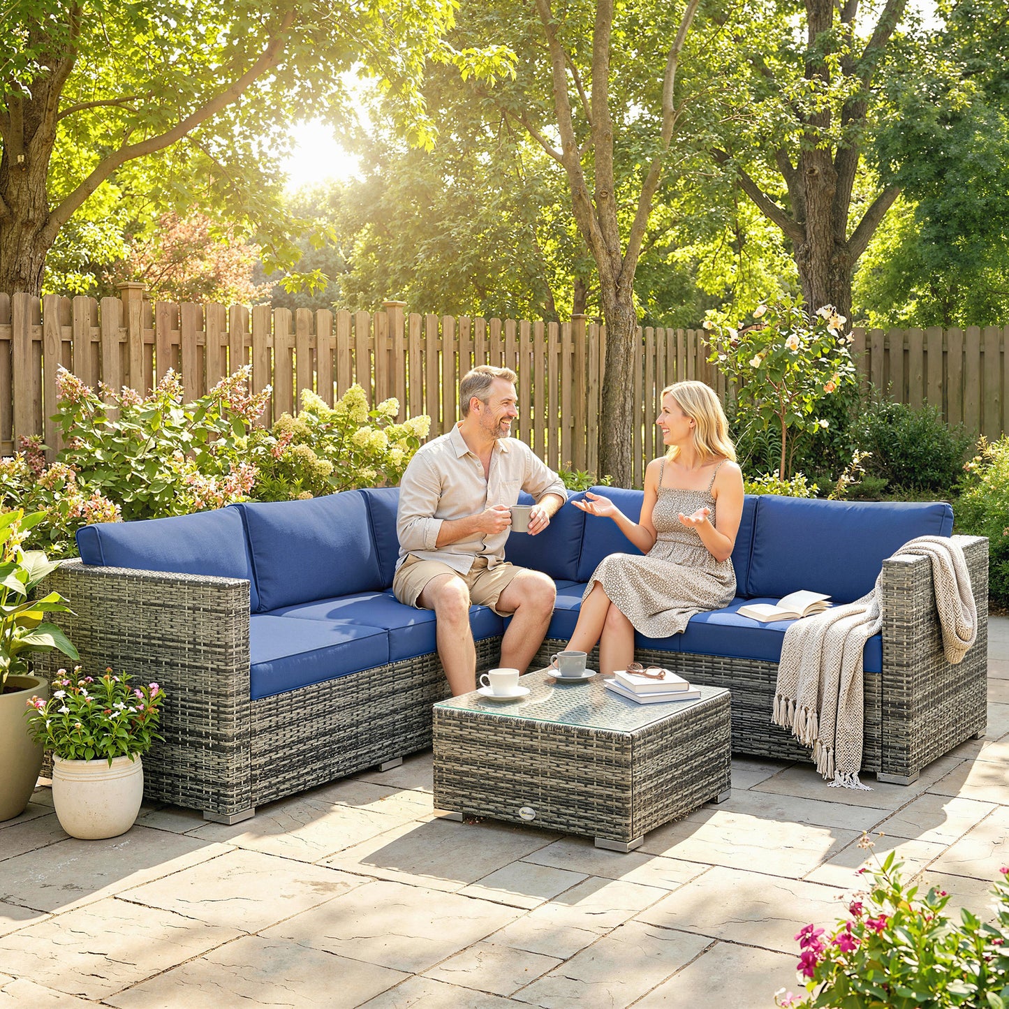Outsunny Four Piece Rattan Patio Sofa Set With Cushions And Glass Table In Blue