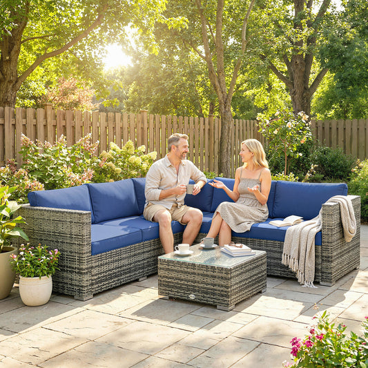 Outsunny Four Piece Rattan Patio Sofa Set With Cushions And Glass Table In Blue