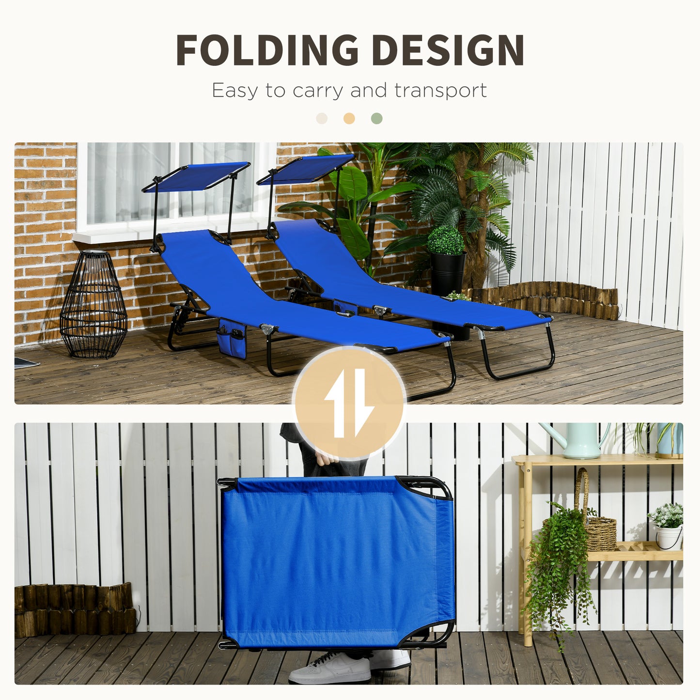 Outsunny Set of Two Folding Sun Loungers with Adjustable Backs and Sun Canopies Blue
