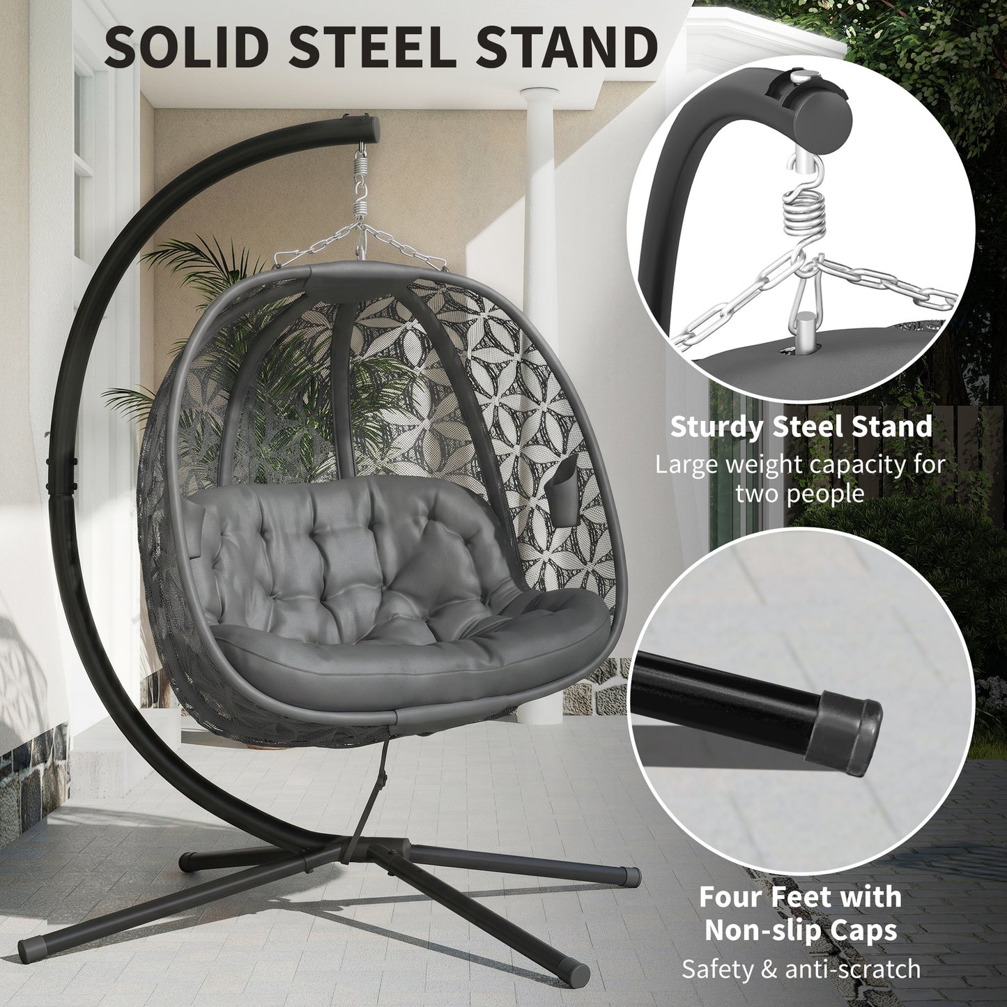 Outsunny Outdoor Double Hanging Chair With Cushion And Cup Holders Charcoal Grey