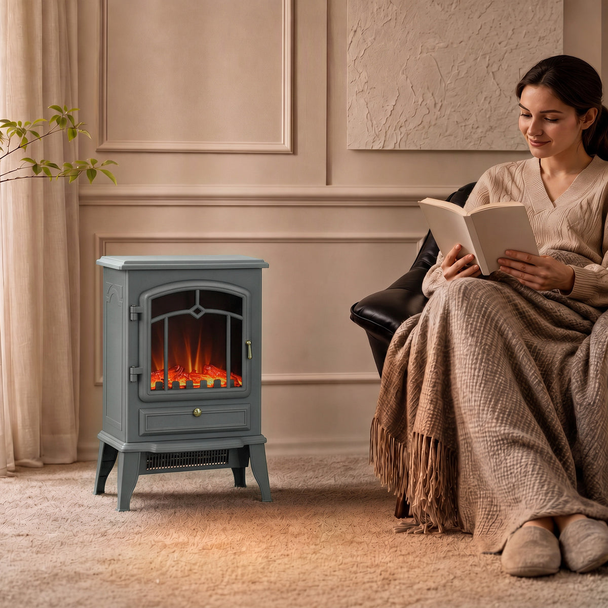 Grey electric fireplace stove heater with LED flames, standing on floor