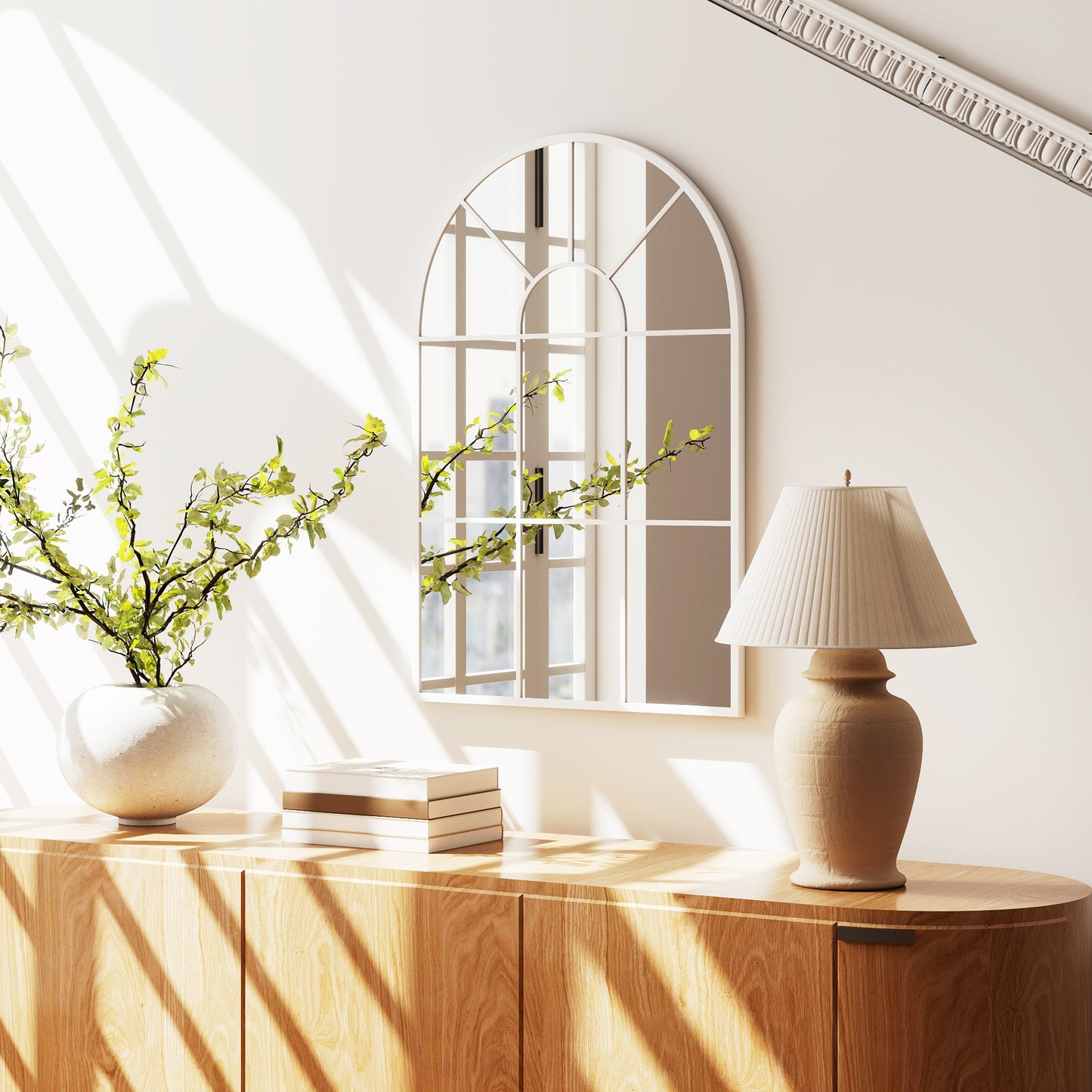HOMCOM 90 x 61 cm Arched Grid Mirror White Wall Mounted With Metal Frame And Hooks