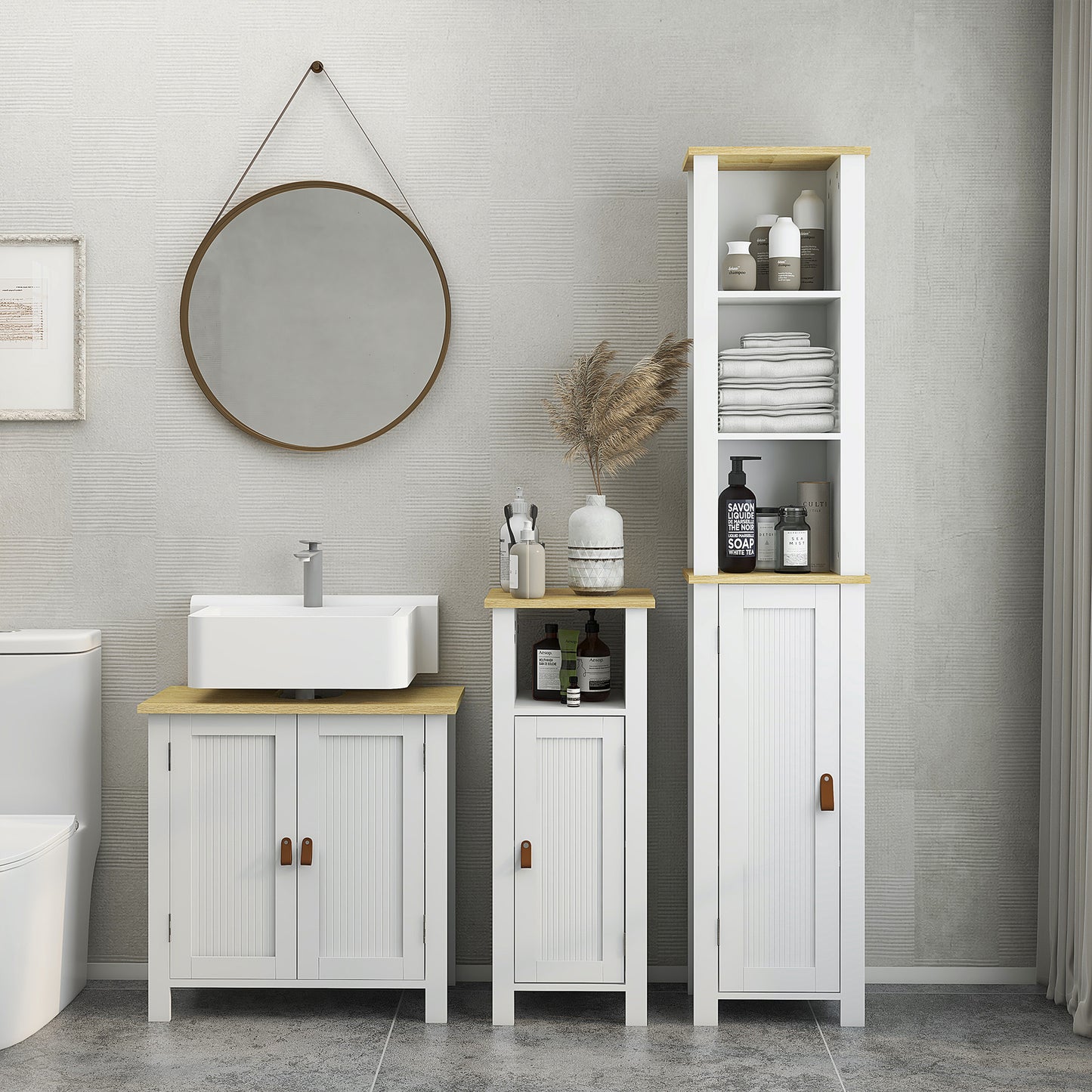 Kleankin Slim White Bathroom Storage Cabinet With Two Tier Cupboard And Faux Leather Handle For Towels