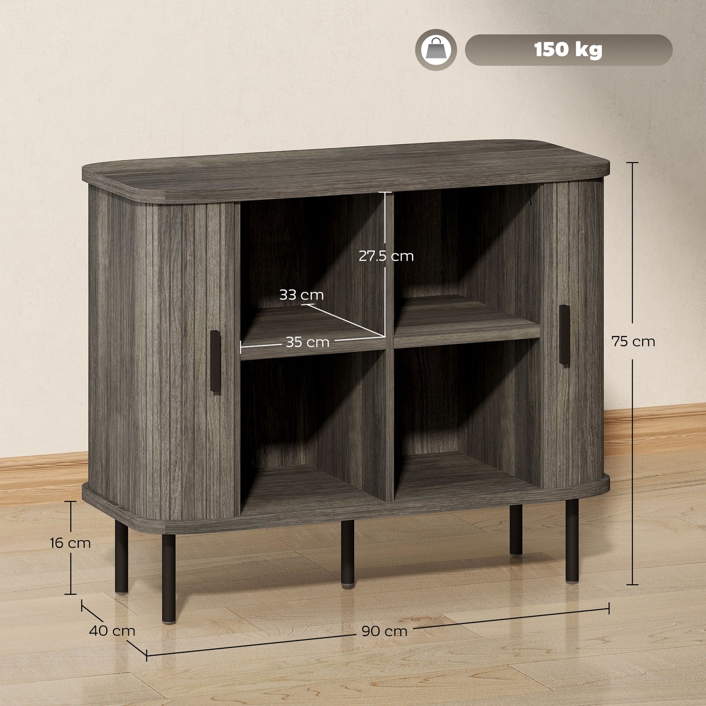 HOMCOM Mid Century Modern Sideboard Storage Cabinet With Slatted Tambour Doors Grey Kitchen Unit With Steel Legs
