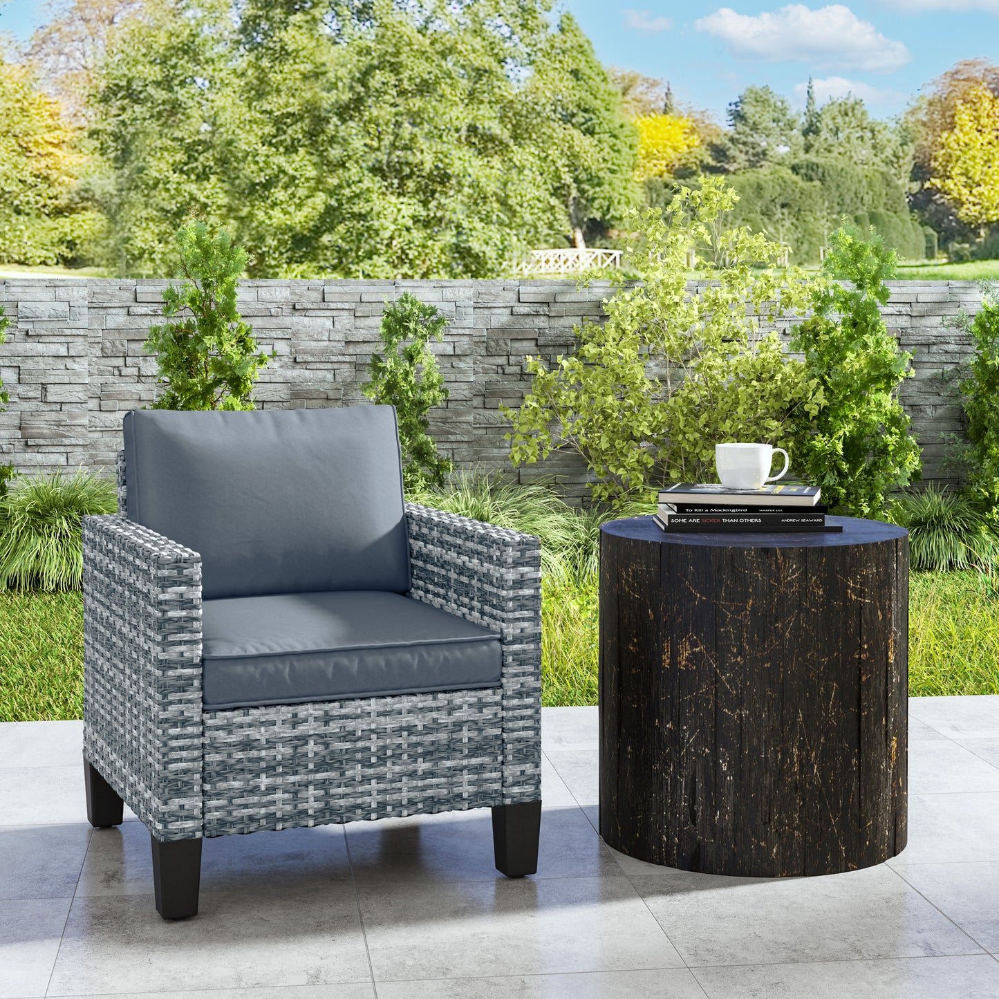 Outsunny Single Rattan Armchair With Cushions Light Grey Outdoor Garden Patio Furniture