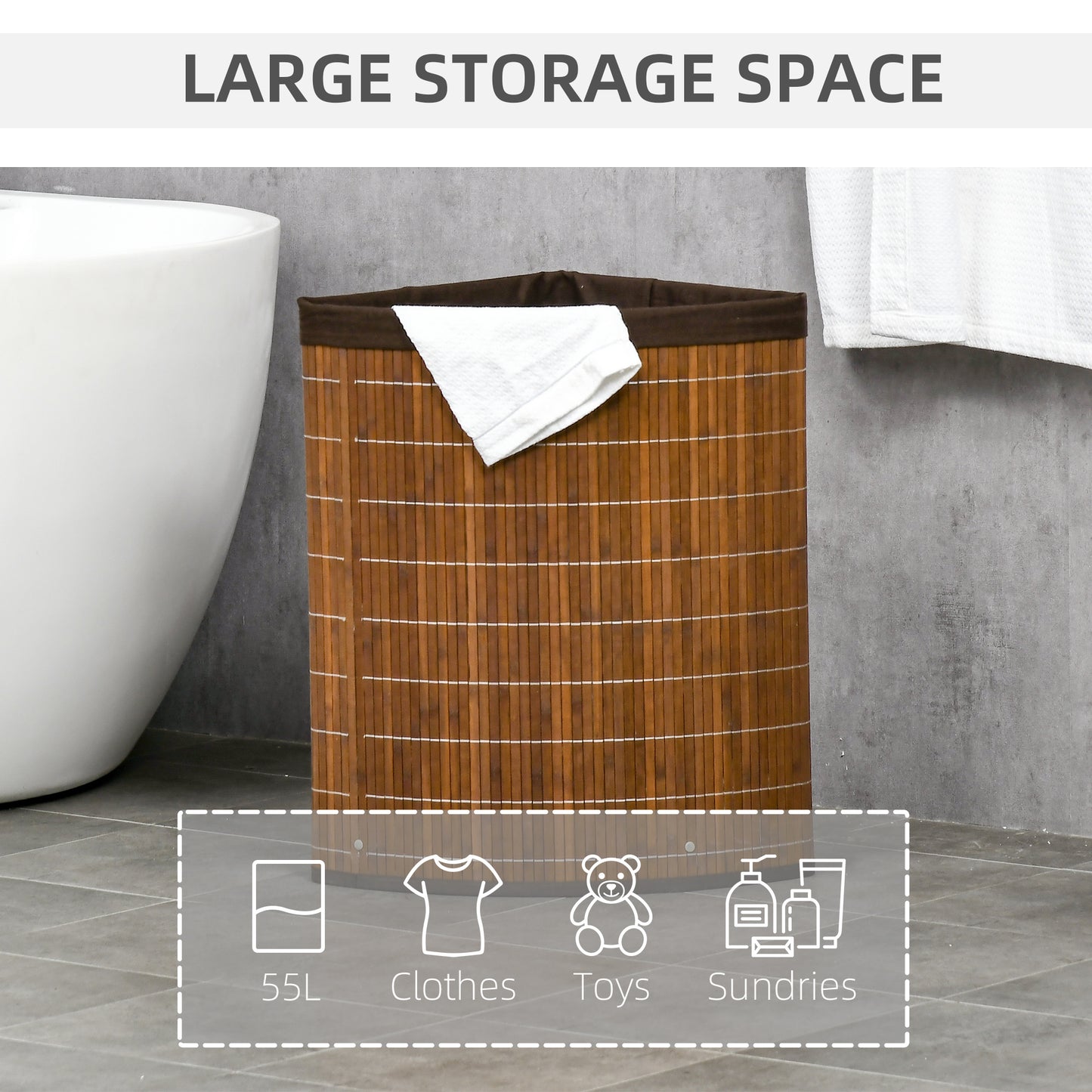 HOMCOM Bamboo Laundry Basket with Lid, 55 Litres Laundry Hamper with Removable Washable Lining,  Corner Washing Baskets, 38 x 38 x 57cm, Brown