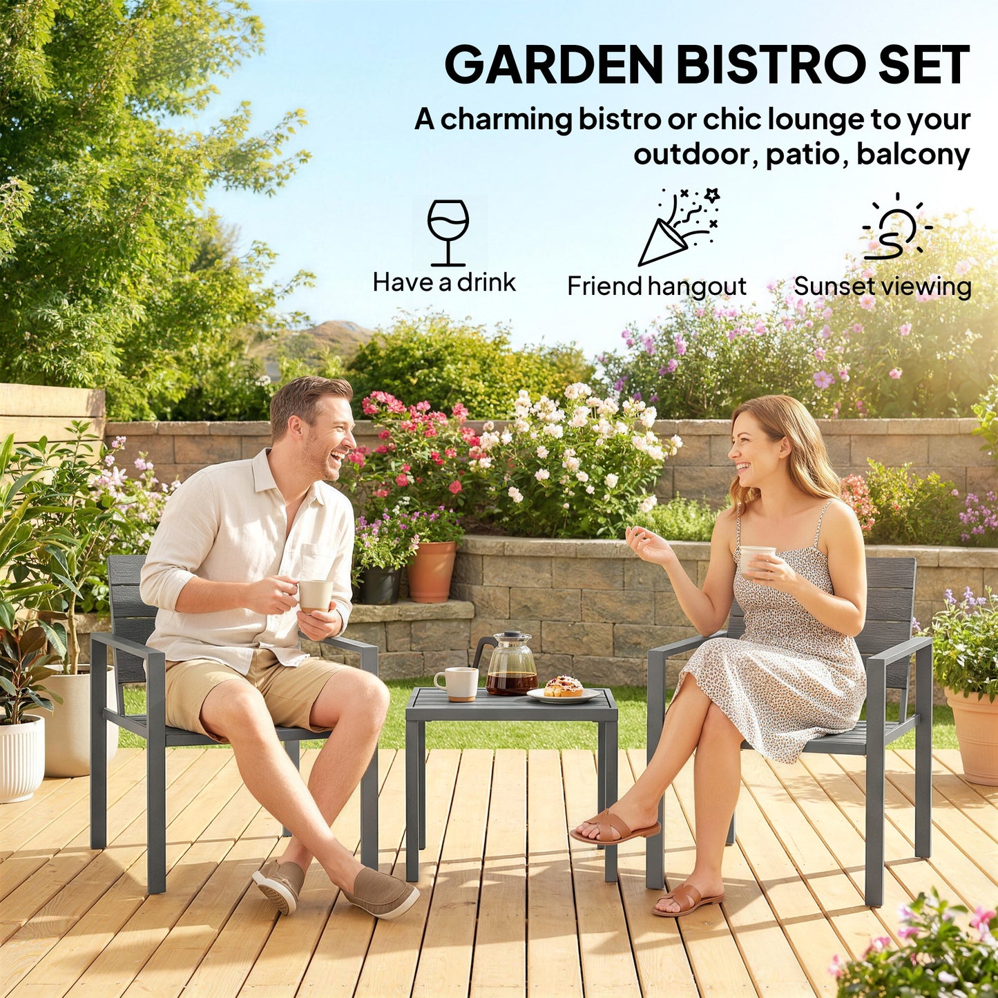 Outsunny 3 Piece Garden Bistro Set For 2 Outdoor Table And Chairs With Metal Frame HDPE Plastic Patio Furniture