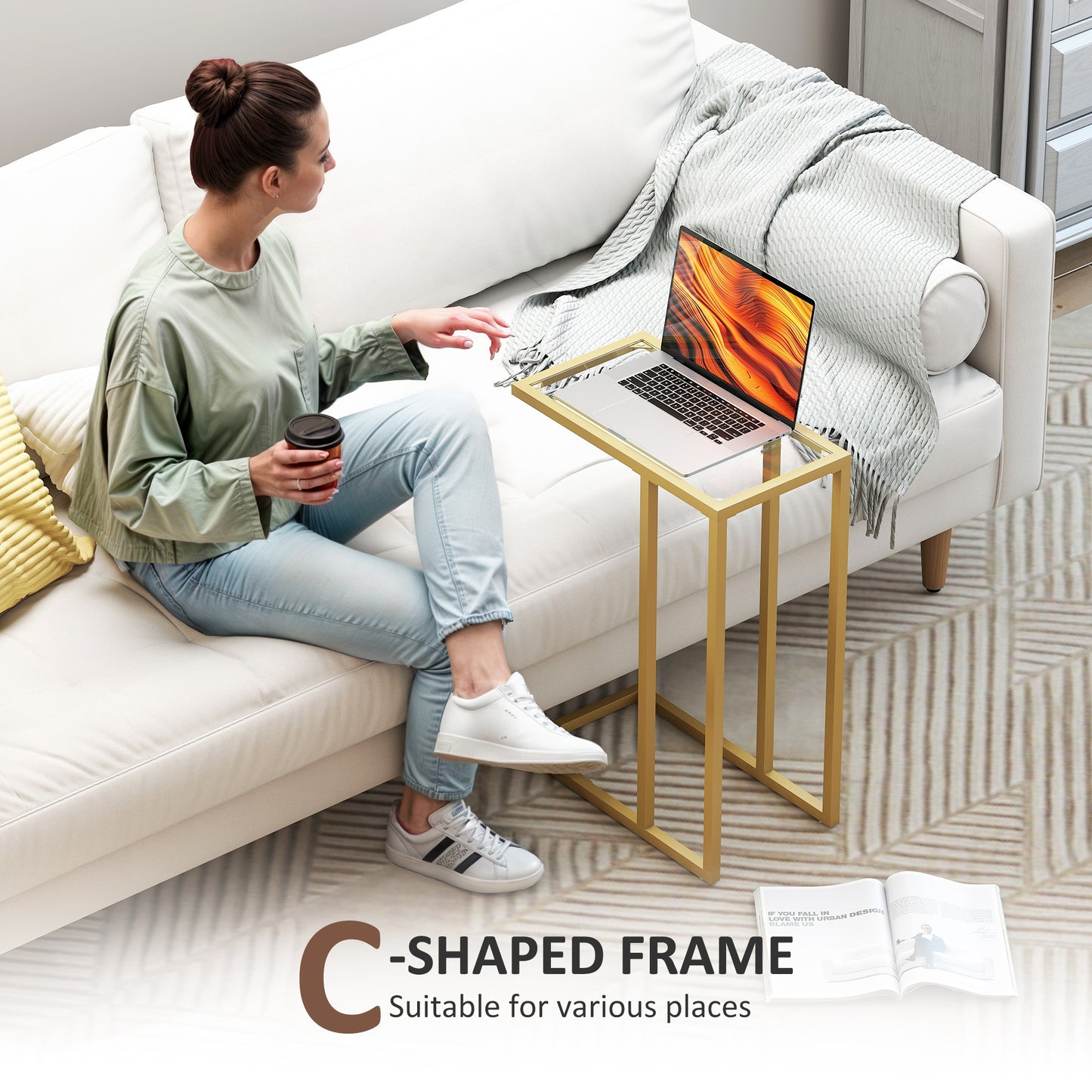 HOMCOM C Shaped Side Table With Tempered Glass Top Slim Gold Tone End Table For Small Spaces