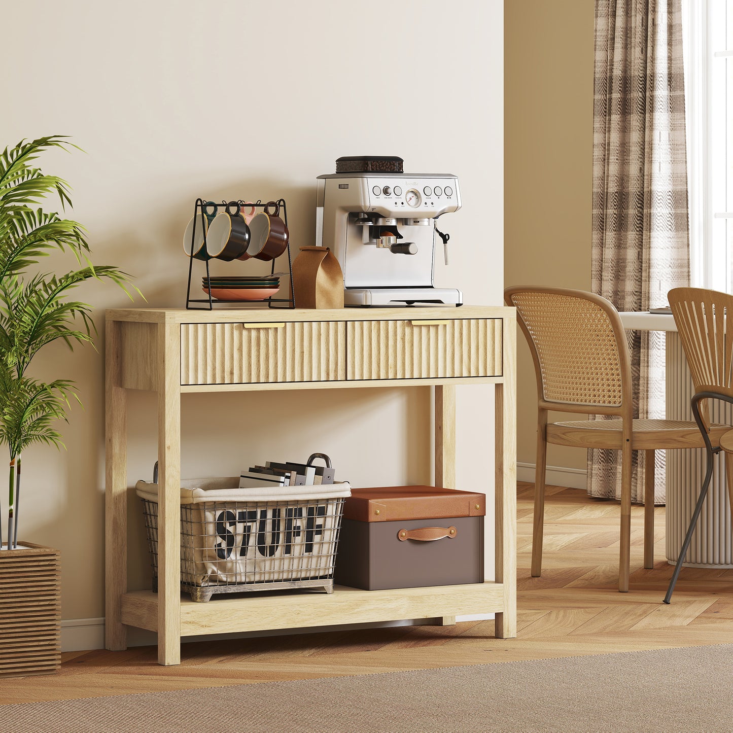 HOMCOM Modern Console Table With Fluted Panel Drawers Narrow Hallway Entryway Table With Open Shelf Natural Wood Finish