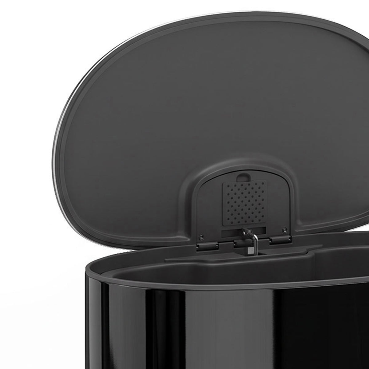 Close-up of kitchen pedal bin lid hinge and control panel on black bin