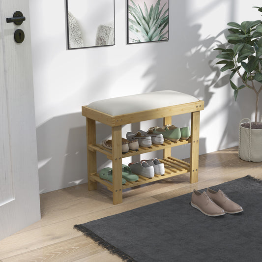HOMCOM Bamboo Shoe Storage Bench 3 Tier With Seat Cushion Cream White for Entryway Hallway Living Room Bedroom