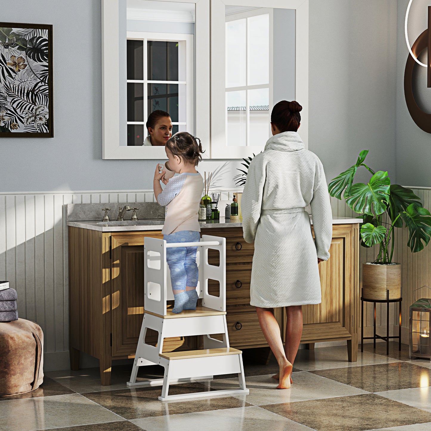 AIYAPLAY 2 In 1 Toddler Tower With Chalkboard Safety Rail For Kitchen Counter Bathroom Sink White