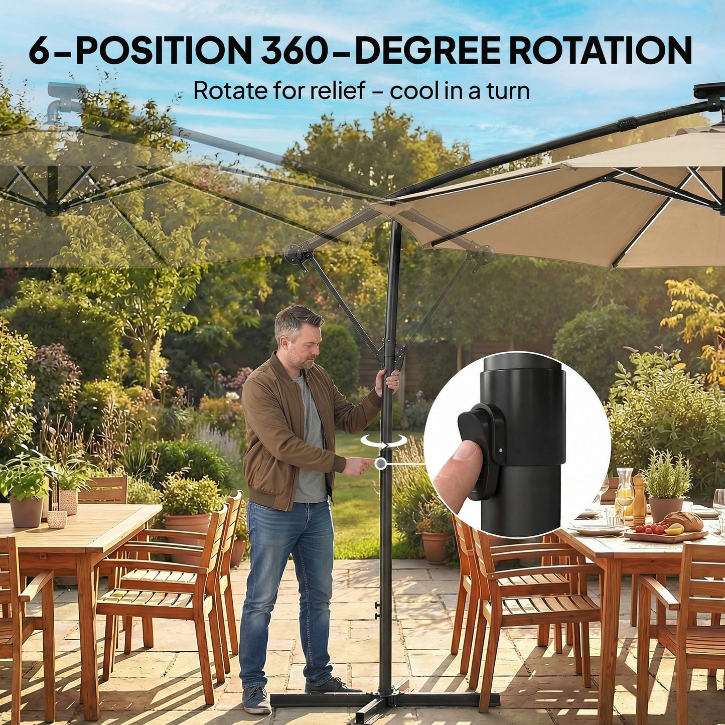 Outsunny Three Meter Cantilever Parasol With LED Solar Lights Round Umbrella 360 Degree Rotation Khaki Cover