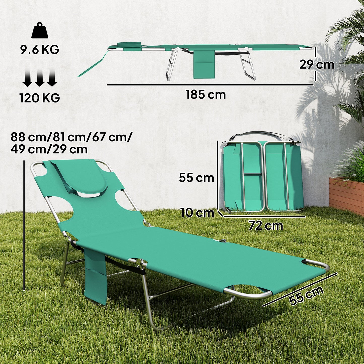 Outsunny 5 Position Adjustable Sun Loungers Set Of 2 With Reading Hole And Side Pocket Green