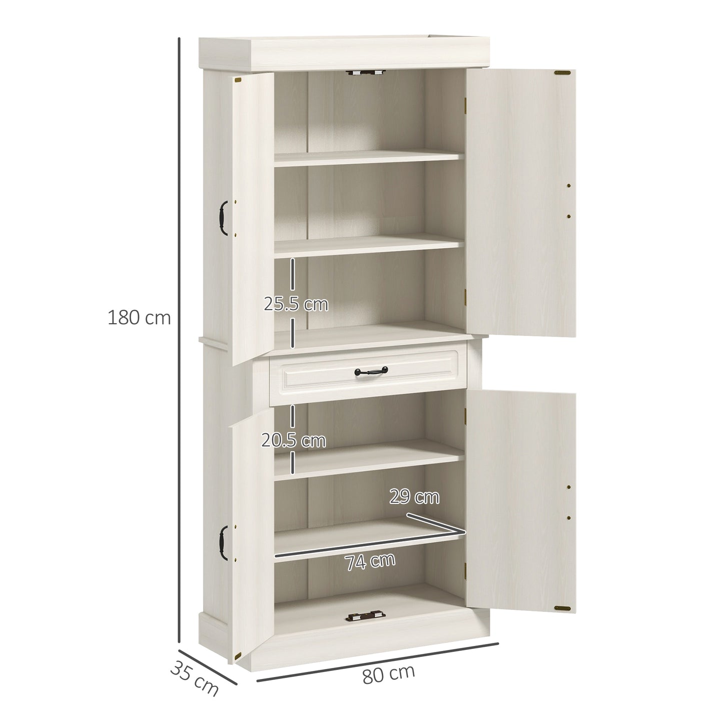 HOMCOM Freestanding Kitchen Storage Cabinet with 4 Doors and Drawer, Versatile White Wood Grain Design, 180cm - ALL4U RETAILER LTD