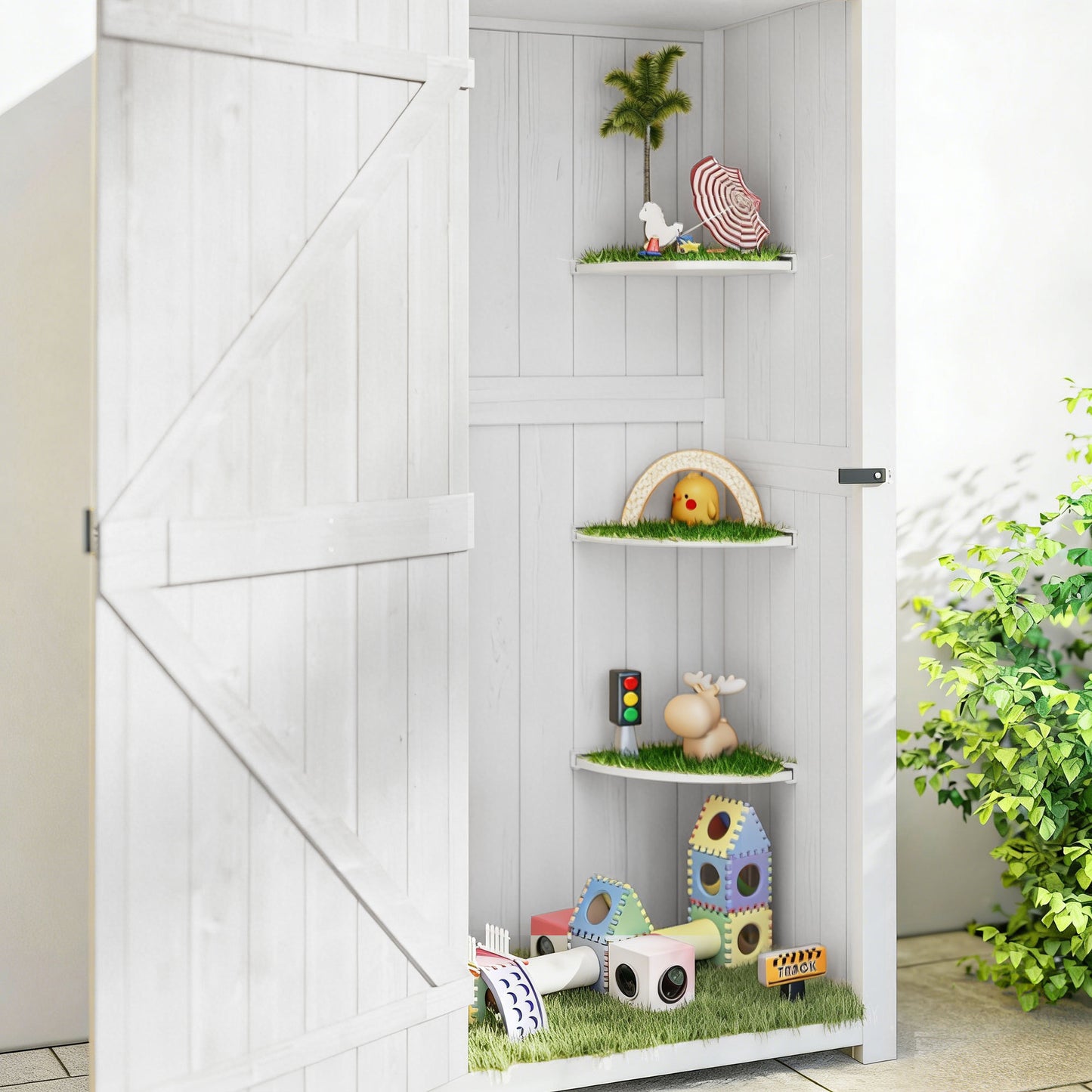 Outsunny Tall Slim Wooden Garden Shed With 3 Removable Shelves And Roof Hatch Outdoor Tool Storage Cabinet Light Grey