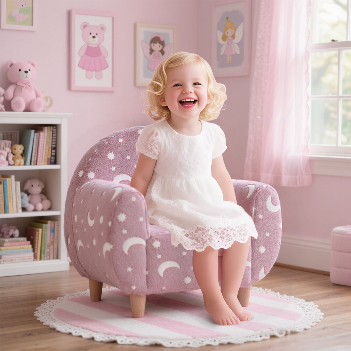 Kids pink armchair with star and moon pattern, plush upholstery, four wooden legs