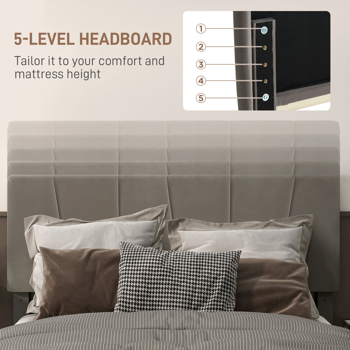 Grey 5-level adjustable headboard with padded velvet-feel upholstery