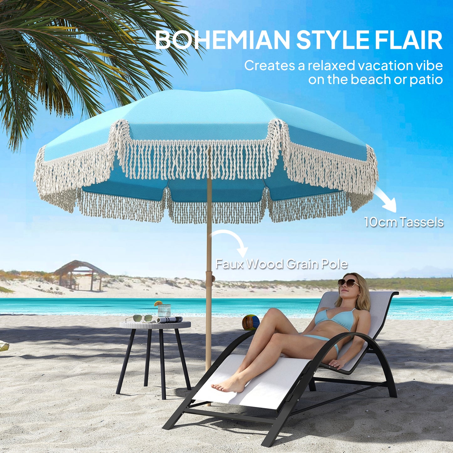 Outsunny 1.7M Beach Umbrella With Sand Anchor 30 Degree Tilting Fringed Beach Garden Parasol Adjustable Height Grey