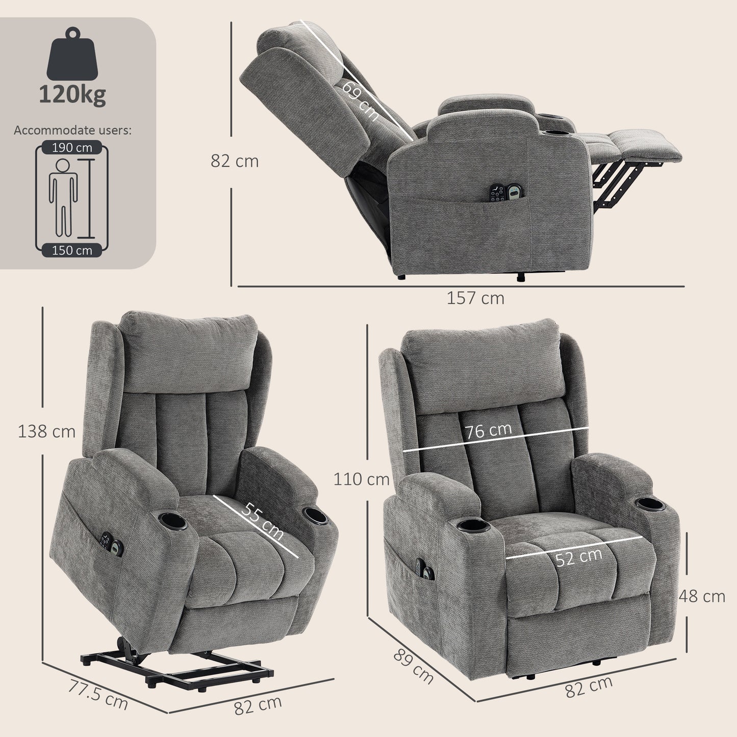 HOMCOM Power Lift Recliner Chair With Vibration Massage And Heat Chenille Riser For Elderly Grey Armchair