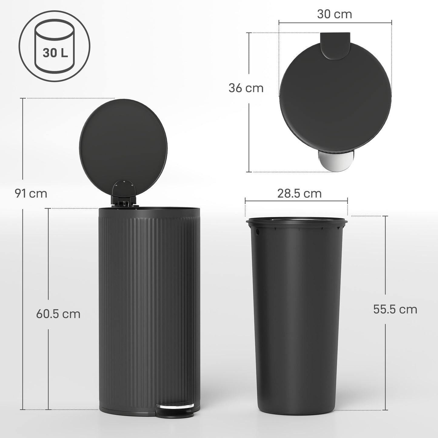 HOMCOM 30 Litre Pedal Bin With Soft Close Stay Open Lid And Removable Inner Bucket For Kitchen Office Home Black