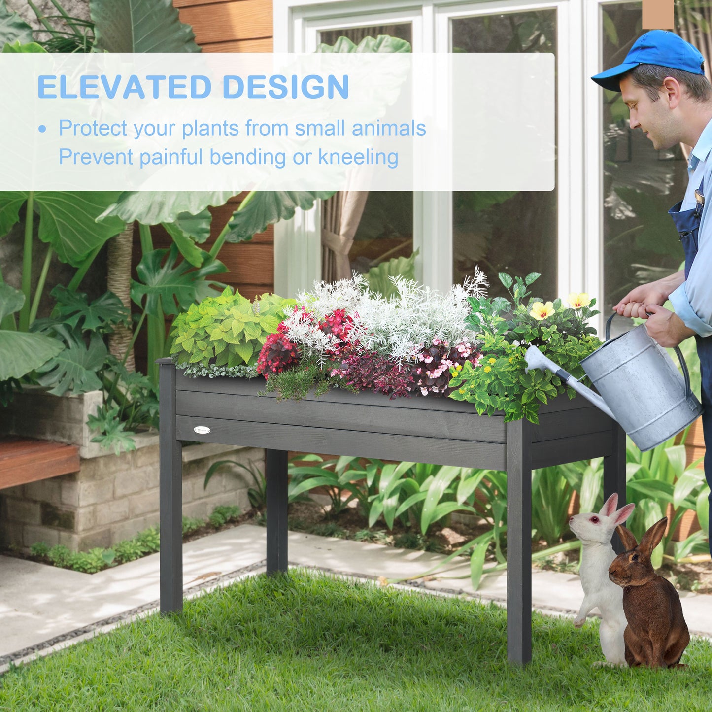 Outsunny Raised Bed For Garden Wooden Elevated Planter Box With Bed Liner For Flower Vegetable Herb Dark Grey