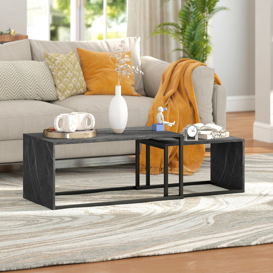 HOMCOM Nesting Coffee Tables Set of 2 Industrial Stacking Side Tables with Metal Frame Dark Grey Marble Effect