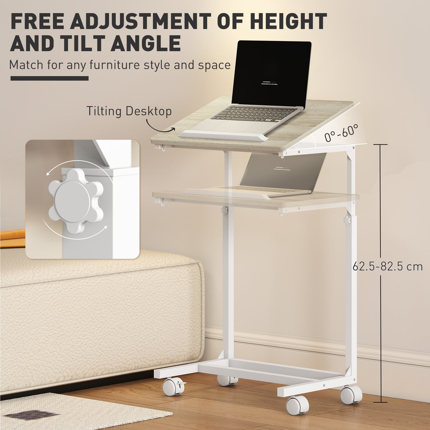 HOMCOM C Shaped Sofa Side Table Height Adjustable Overbed Table With Tilting Desktop Mobile Laptop Desk Oak And White