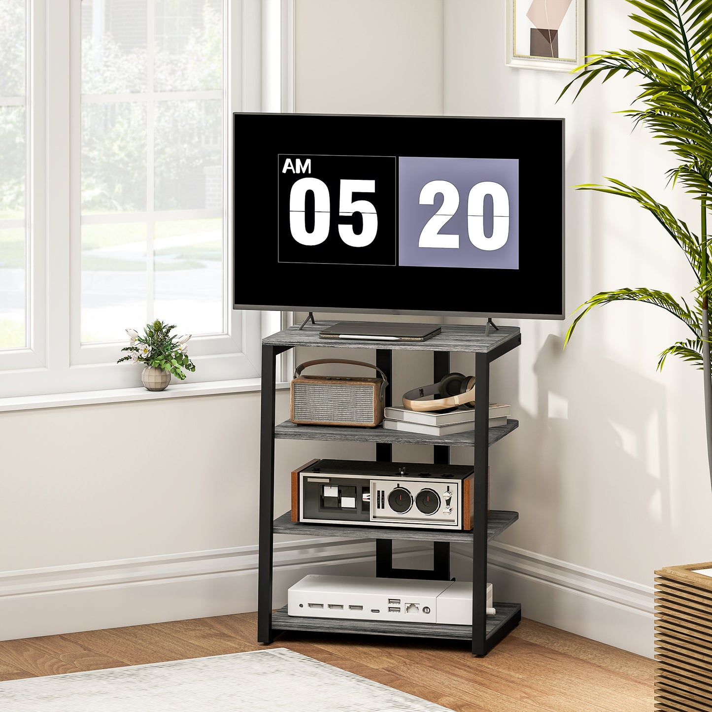 HOMCOM HiFi Stand With Four Storage Shelves In Dark Grey Adjustable Middle Shelves And Sturdy Steel Frame