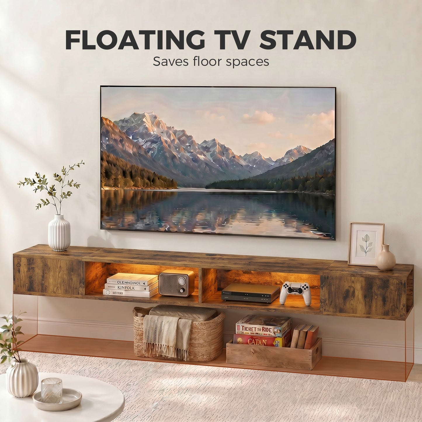 HOMCOM Wall Mounted TV Stand With RGB LED Lights For 75 Inch TV Rustic Brown Floating Entertainment Centre