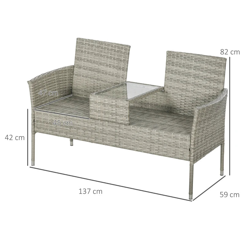 Outsunny Rattan Garden Bench w/ Glass Tea Table, Wicker Chair w/ Cushions Grey - ALL4U RETAILER LTD