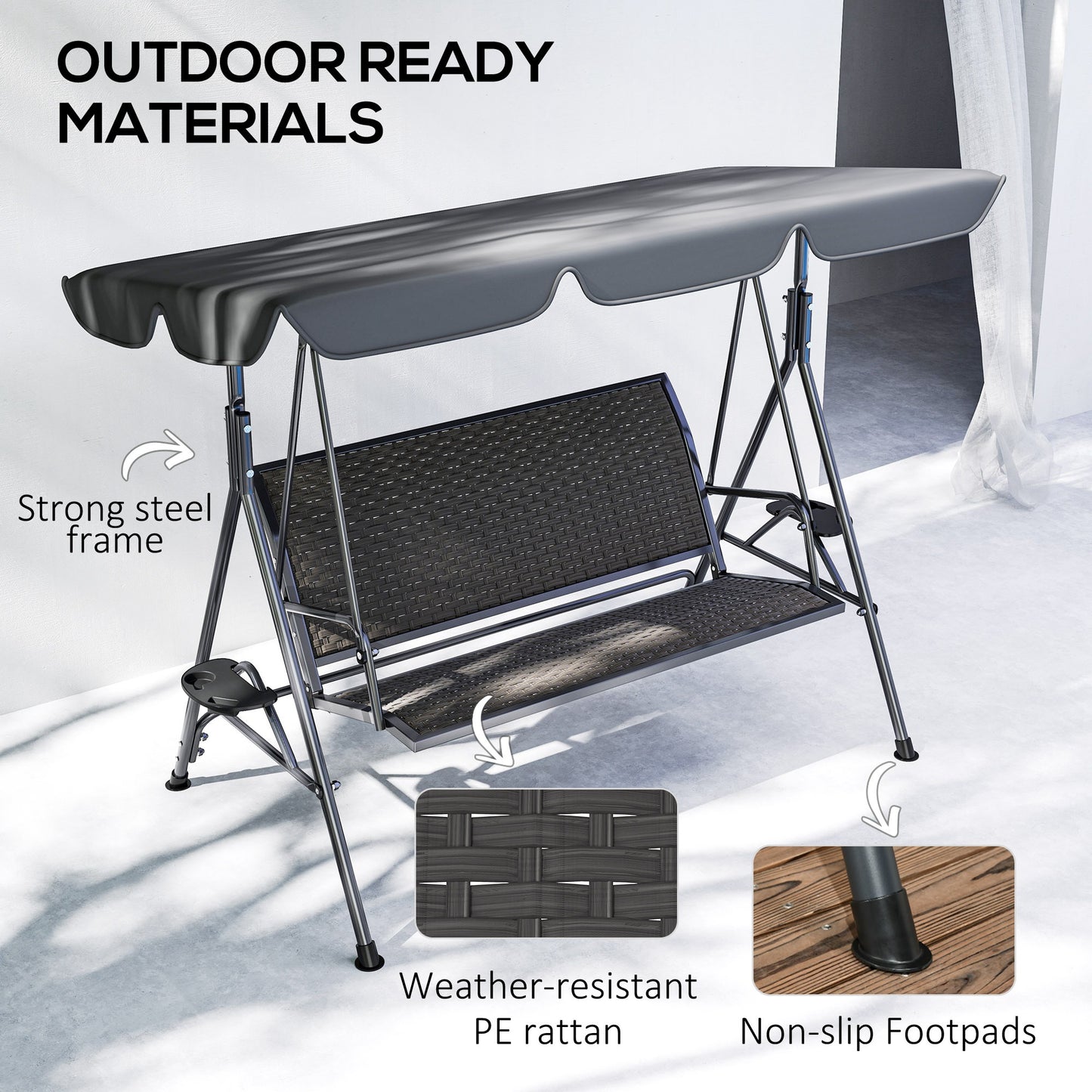 Outsunny 3 Seater Swing Chair With Adjustable Canopy Rattan Seat And Steel Frame For Patio Garden Grey