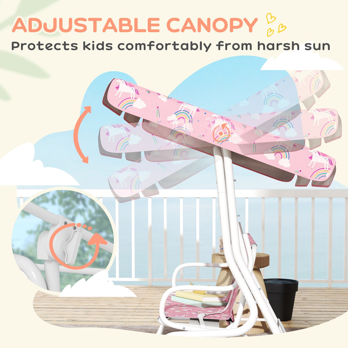 AIYAPLAY Pink 2 Seater Kids Porch Swing with Adjustable Canopy Garden Patio Hammock and Seat Belts Safari Animal Design