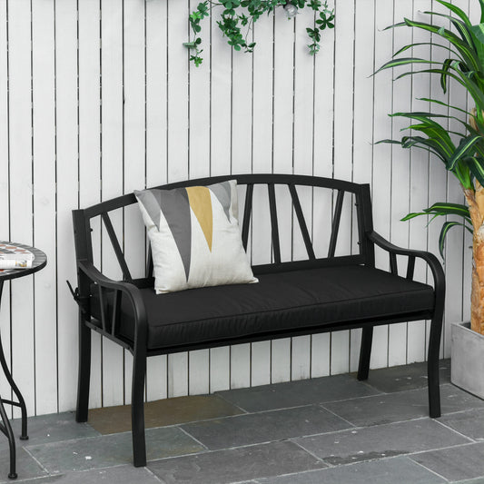 Outsunny 2 Seater Garden Bench With Cushion Black Metal Loveseat Slatted Outdoor Park Chair Backrest And Armrests