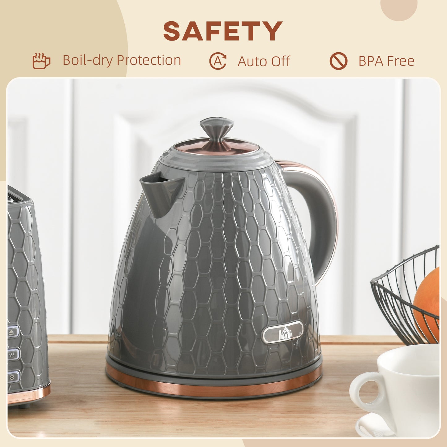 HOMCOM 3kW Rapid Boil Honeycomb Kettle Grey Electric Kettle With Boil Dry Protection