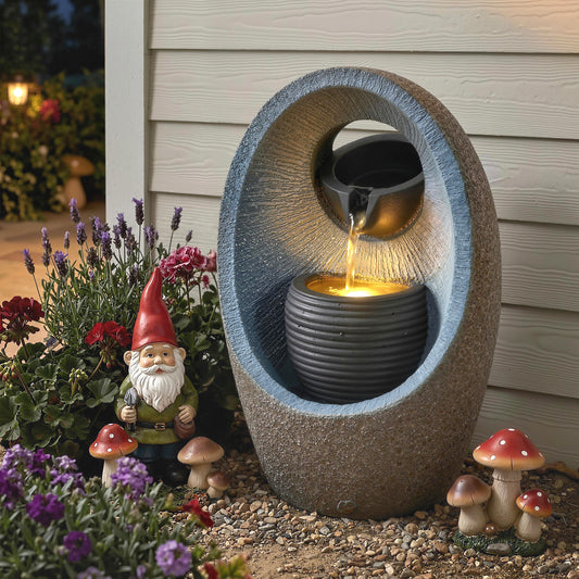 Outsunny 2 Tier Water Feature Garden Fountain With Pump And LED Lights Resin Cascading Waterfall