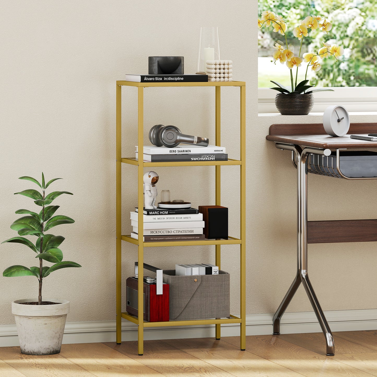 HOMCOM 4 Tier Glass Shelving Unit Gold Tone Vertical Storage for Living Room Home Office Bedroom Bathroom
