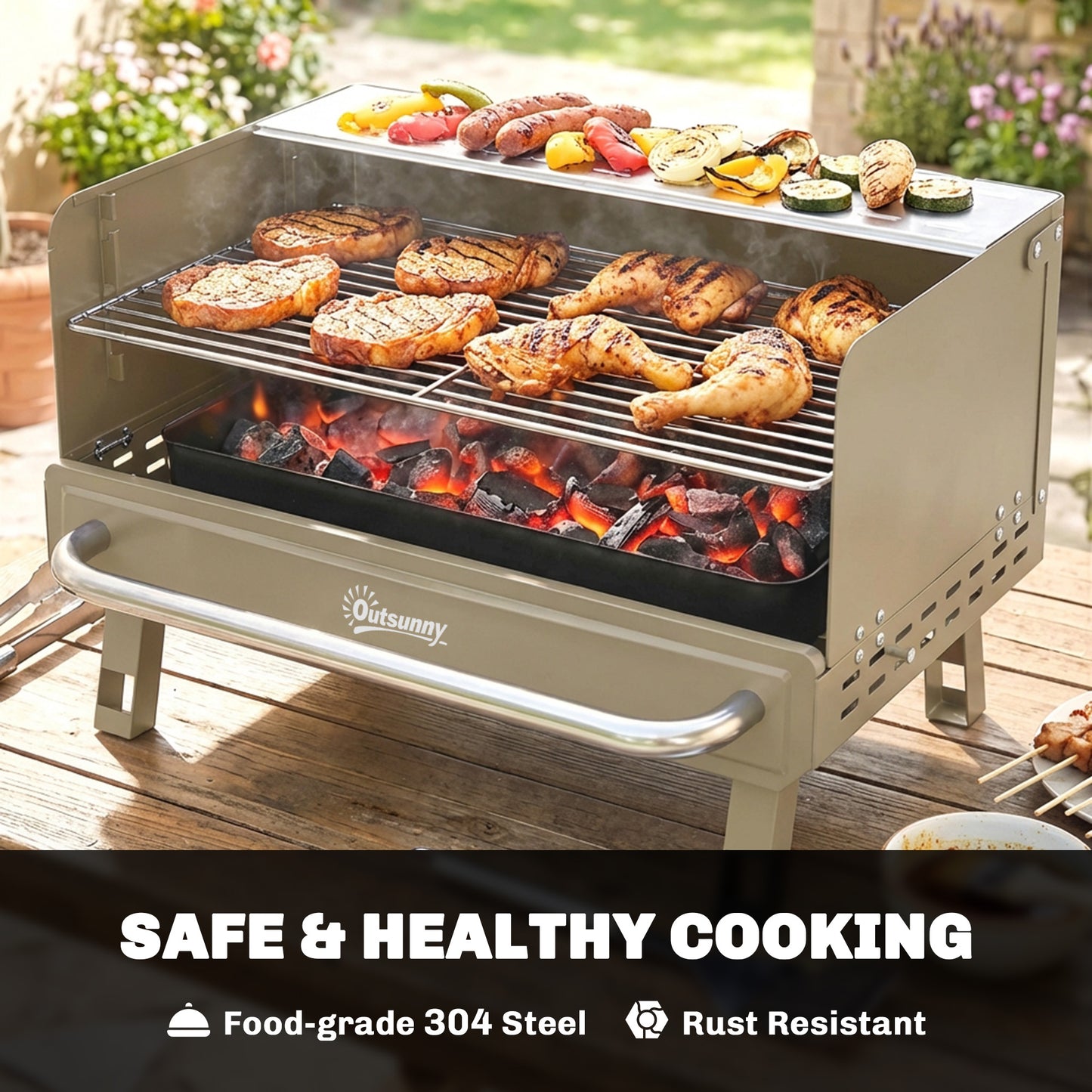 Outsunny Portable Charcoal BBQ Grill With Adjustable Grates Foldable Legs Side Shelf For Camping Travel Khaki