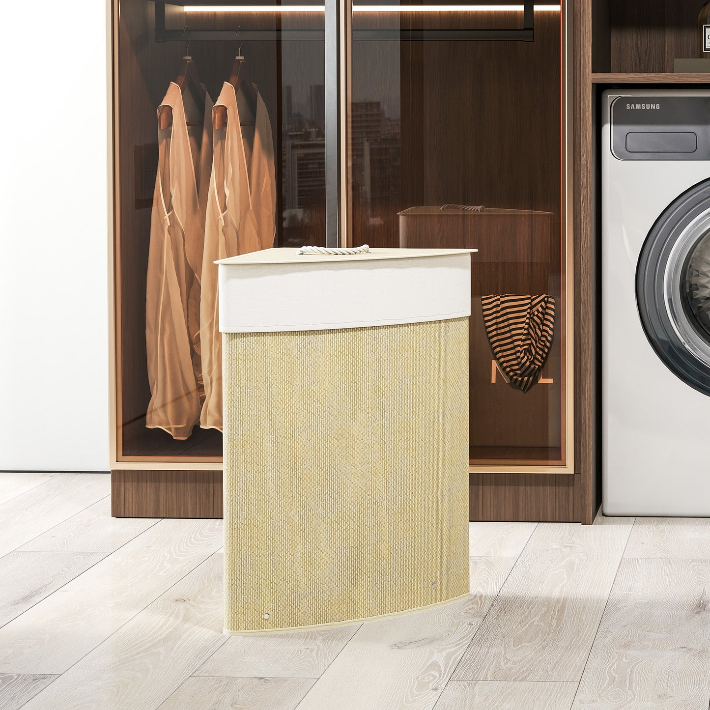 HOMCOM Bamboo Laundry Basket With Lid 55L Corner Hamper Removable Washable Liner Bag Triangle Basket Nature Wood Finish