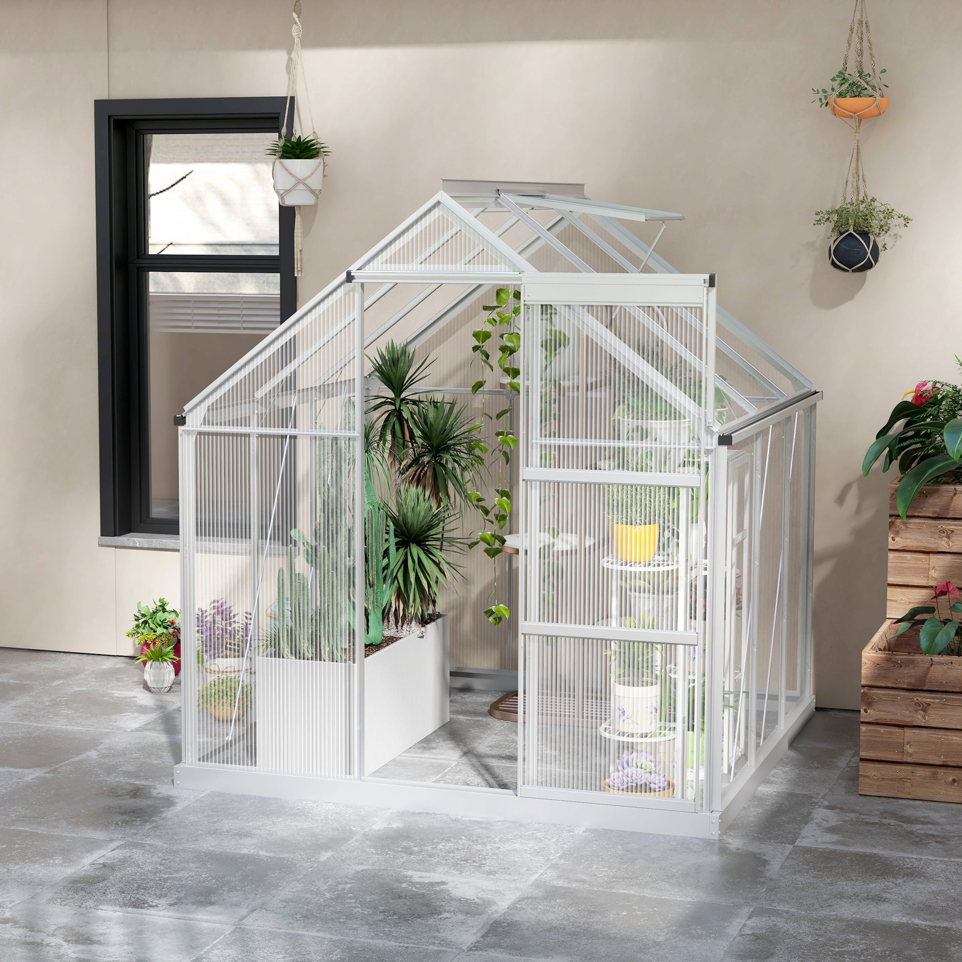 Outsunny 6 x 6ft Aluminium Framed Polycarbonate Greenhouse with Sliding Door and Adjustable Window, Silver - ALL4U RETAILER LTD