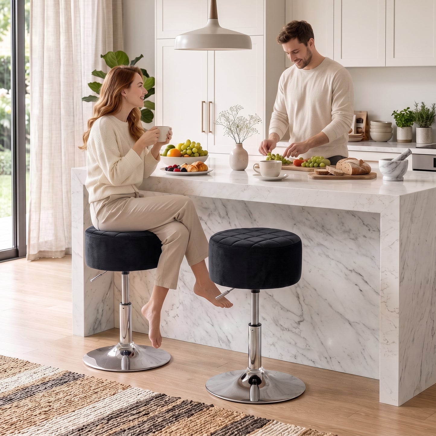 HOMCOM Adjustable Swivel Bar Stool Velvet Seat Stable Base