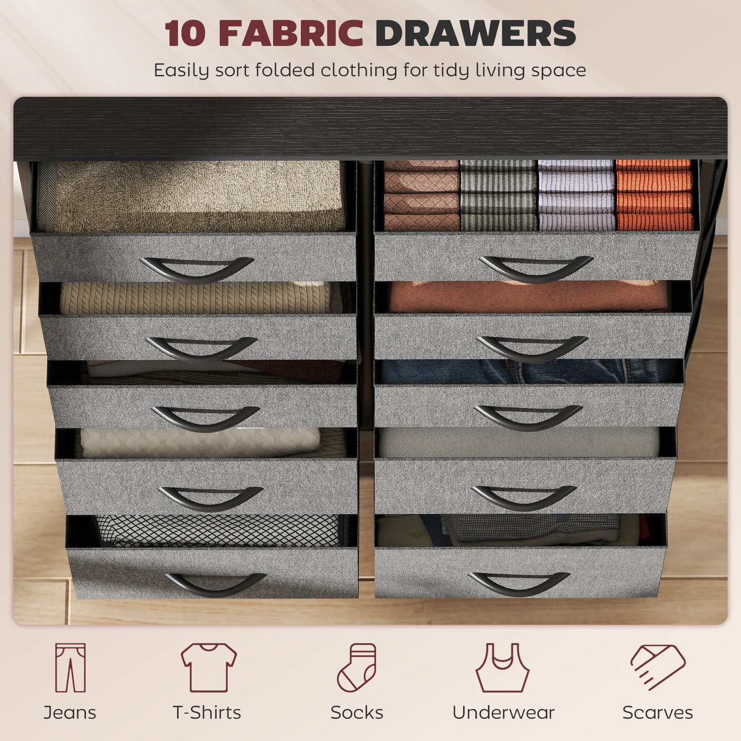 HOMCOM Chest Of Ten Fabric Drawers Charcoal Grey With Six Small And Four Large Drawers Four Side Pockets And Two Hooks