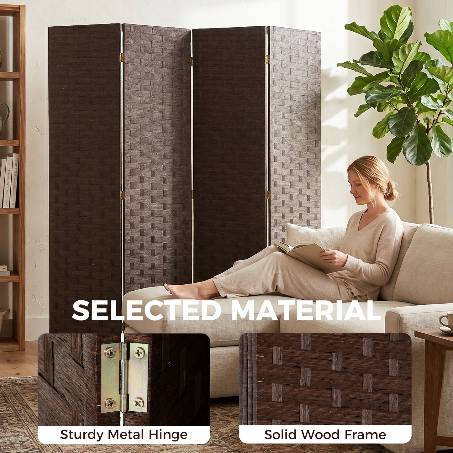 HOMCOM Wave Fibre Freestanding Folding Privacy Screen Four Panels Room Divider Dark Brown