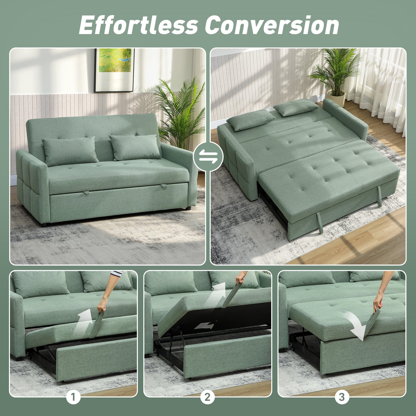 HOMCOM Three Way 2 Seater Sofa Bed With Three Position Back And Two Soft Pillows Green