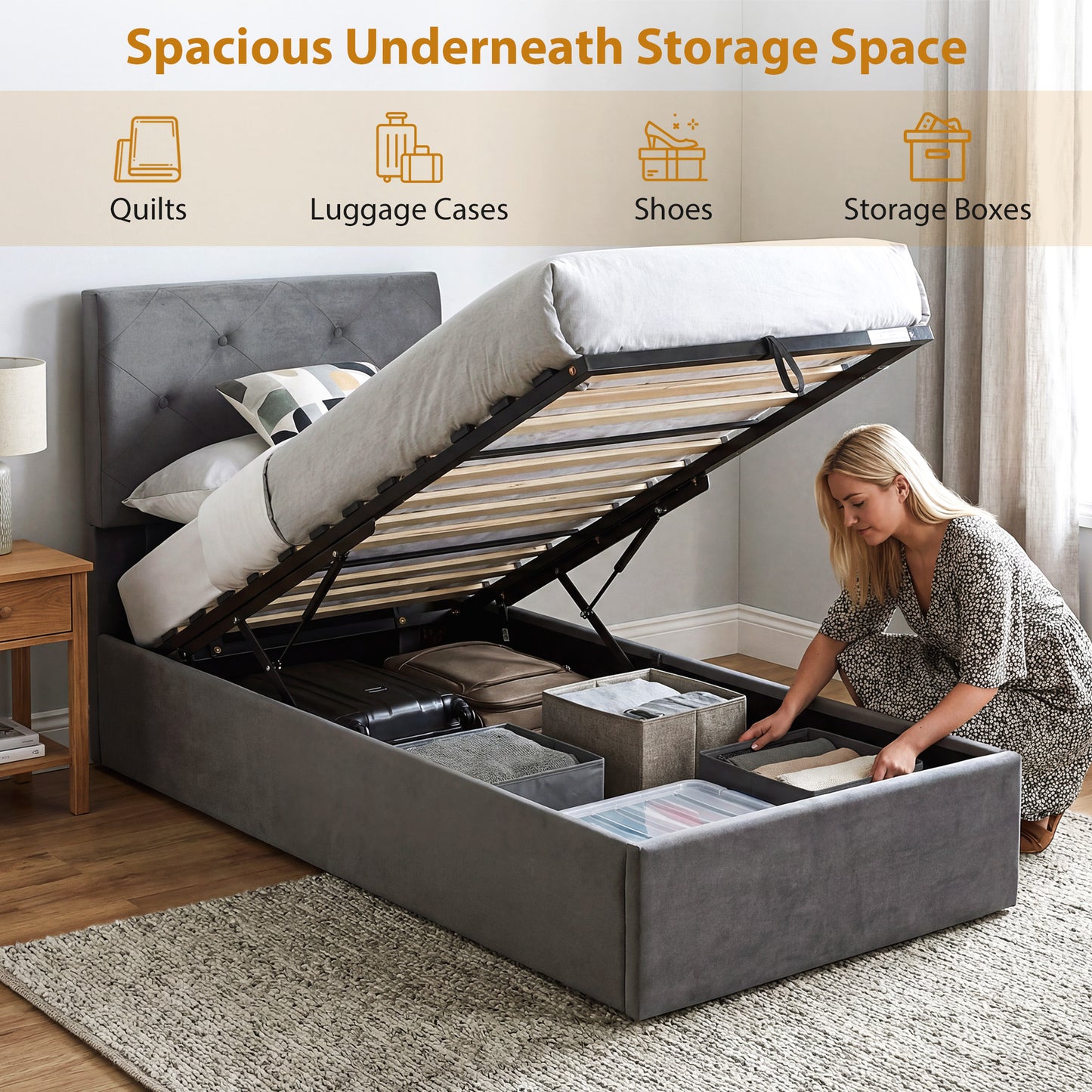 HOMCOM Bed Frame With Gas Lift Storage Under Bed Upholstered Platform Bed Tufted Headboard For 90 X 190 Cm Mattress