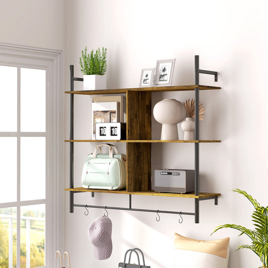 HOMCOM Three Tier Floating Shelf with S Hooks and Guardrails Space Saving Wall Organizer Brown and Black Finish